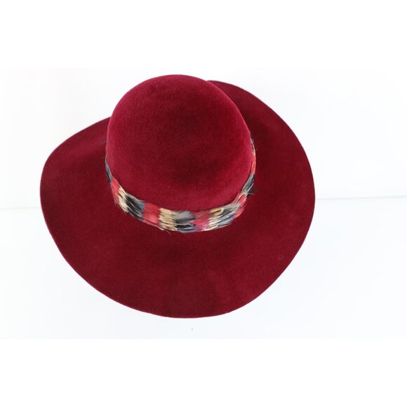 Vtg 50s Rockabilly Feather Band Wide Brim Felt Wool Velour Hat Red Womens 23\